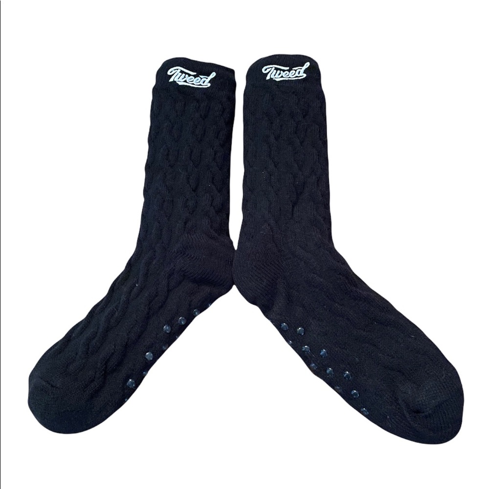New Tweed Cannabis Black Cable Knit Sherpa Lined Slipper Socks